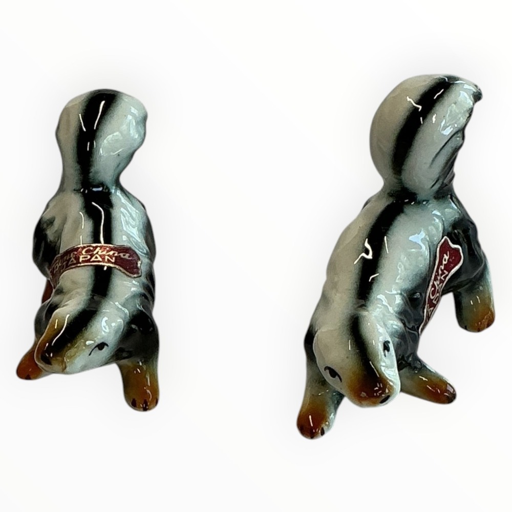 Bone China Skunk Figurine Lot of 2 Black White Made in Japan Collectible